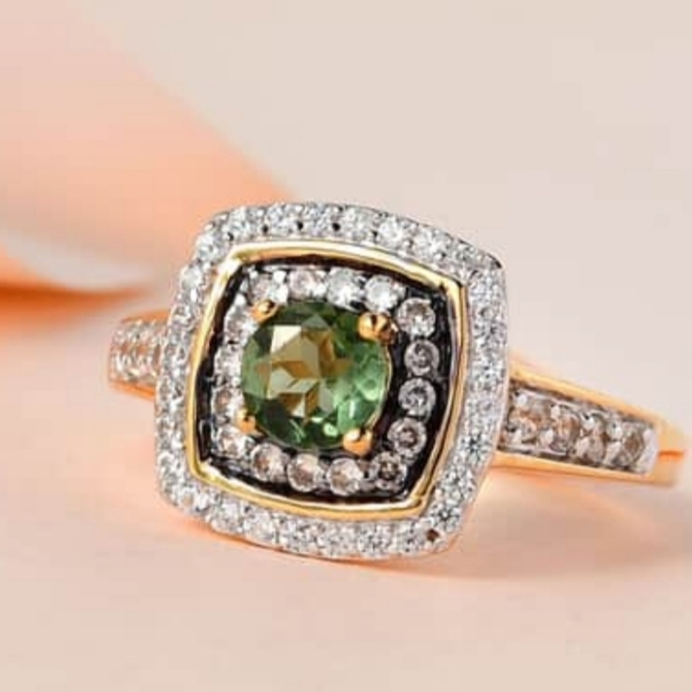 Genuine Tanzanian Green Apatite, White & Champagne Zircon 18k/925 ๐ Sz 6 - Picture 3 of 6